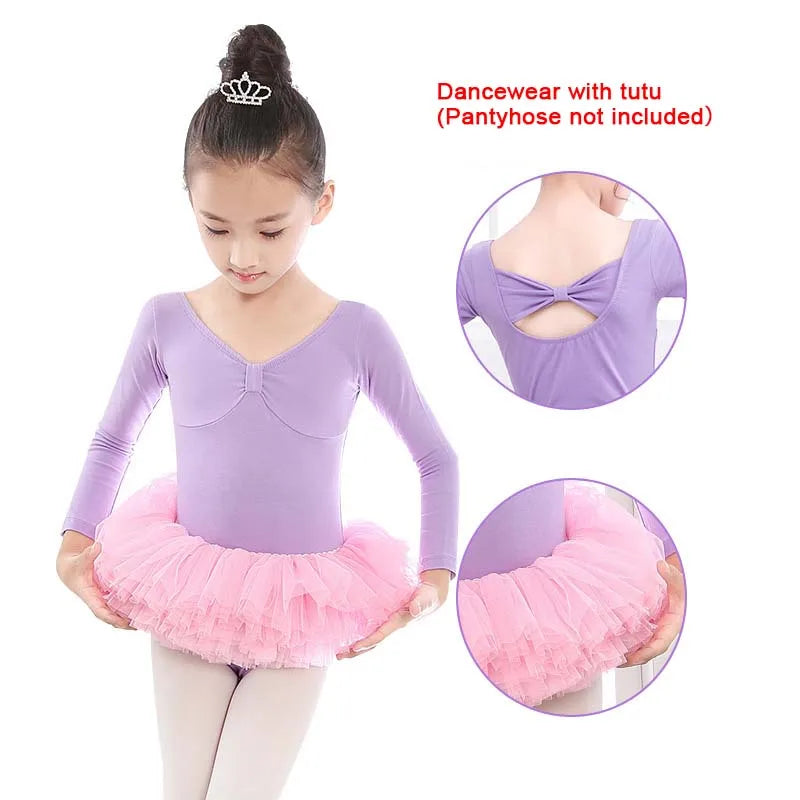 Kids Cotton Ballet Dance Dress Cute Tutu Skirted Leotard for Toddler Girls Long Sleeve Hollow Back Ballet Leotard Dancewear