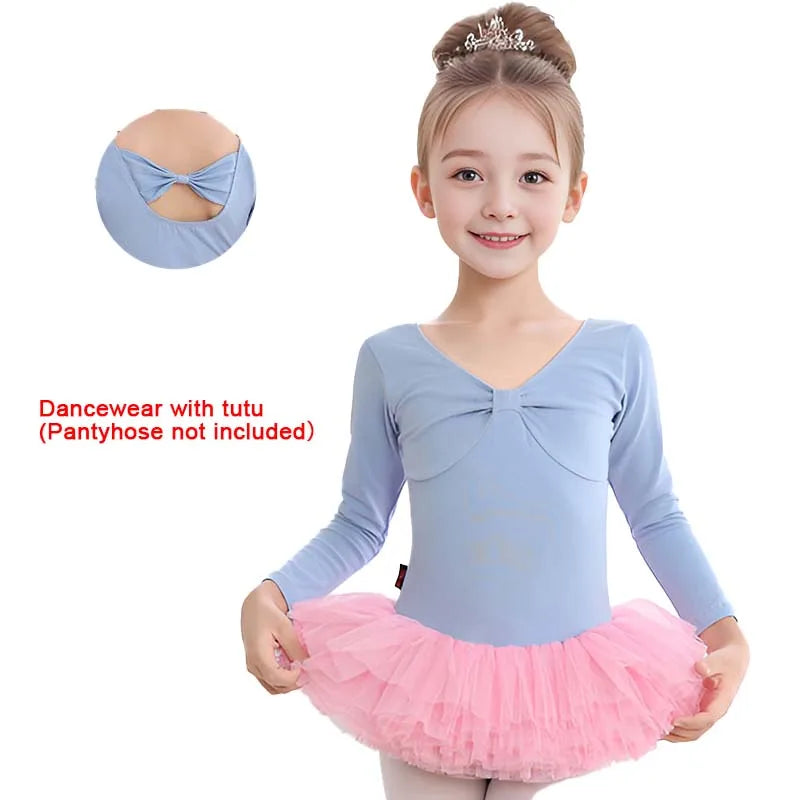 Kids Cotton Ballet Dance Dress Cute Tutu Skirted Leotard for Toddler Girls Long Sleeve Hollow Back Ballet Leotard Dancewear