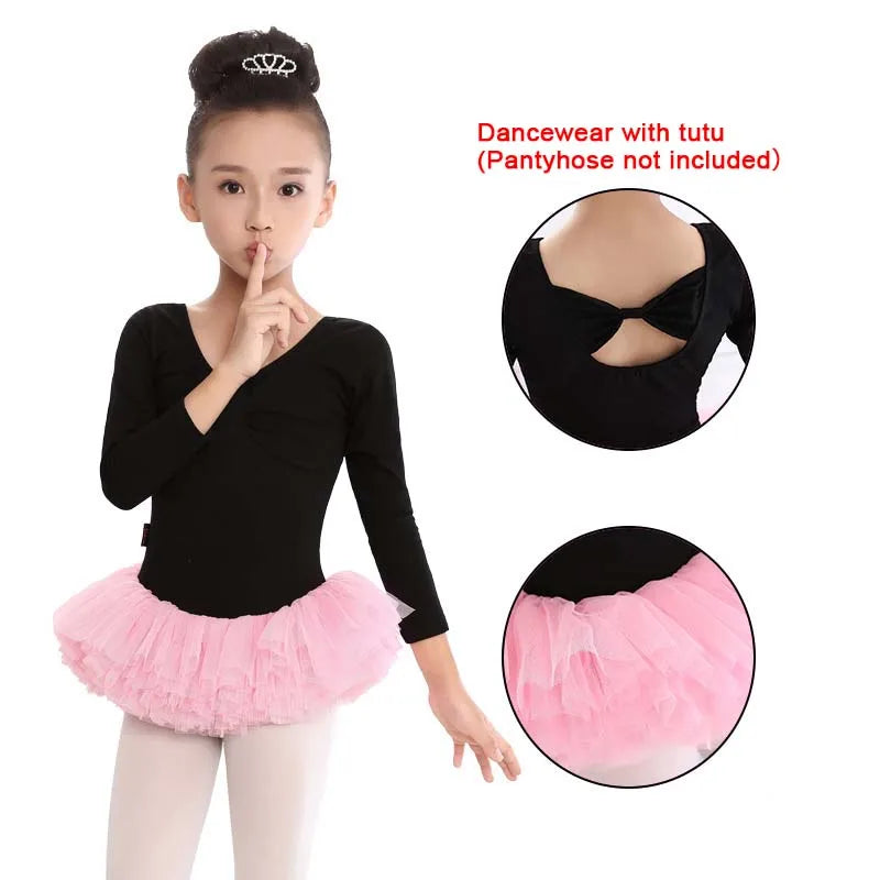 Kids Cotton Ballet Dance Dress Cute Tutu Skirted Leotard for Toddler Girls Long Sleeve Hollow Back Ballet Leotard Dancewear