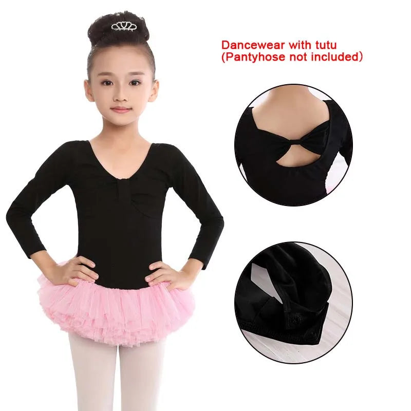 Kids Cotton Ballet Dance Dress Cute Tutu Skirted Leotard for Toddler Girls Long Sleeve Hollow Back Ballet Leotard Dancewear